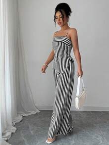 Elenzga Women's Striped Asymmetric Hem Camisole Top And Wide Leg Pants Casual 2 Pieces Set - Black - View 3