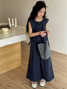 DAZY 少女纯色单排扣口袋短袖衬衫上衣搭配阔腿裤，休闲日常穿搭 - 藏蓝色 - 查看 5