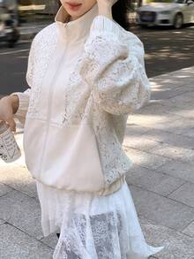 Livesso Lace Patchwork Casual High Collar Women Regular Jacket - Beige - View 6