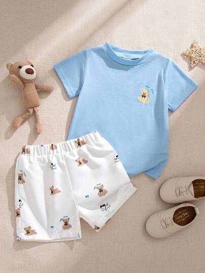 Souflis Souflis French New Baby Boys/Toddlers Cute Cartoon Animal Bear Print Short Sleeve Top And Printed Shorts Set, Suitable For Spring/Summer Outings And Daily Wear