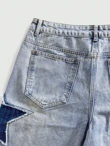 ROMWE MEN Street Life Men's Casual Everyday Wear Denim Shorts With Pockets, Button And Star Patch Decor - Light Wash - View 6