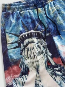 ROMWE MEN Men's Drawstring Waist Figure Print Casual Versatile Daily Wear Shorts - Blue - View 3