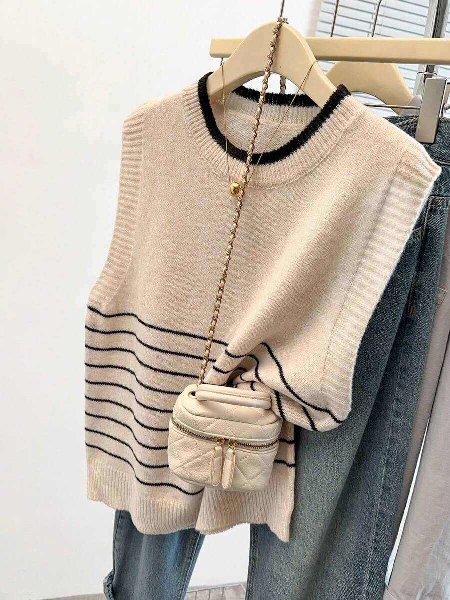 GlowEve CURVE Women's Elegant Sleeveless Striped Loose Knit Tank Top, Slimming Plus Size Sweater Vest, Casual Outerwear For Spring/Summer - Apricot - View 1