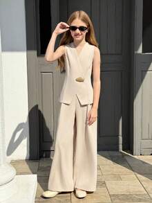 Serisse Kids Women's Elegant Minimalist Casual Commute Daily Metal Buckle Cuffed Sleeve Cinched Waist Dark Top And High Waist Wide Leg Light Khaki Pants 2 Pieces Set, Summer - Apricot - View 3