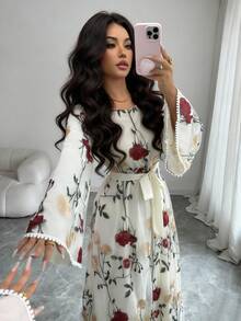 SHEIN Elenzya Đầm maxi lưới thanh lịch tay loe cổ vuông thêu hoa hồng - Nhiều màu - Xem 4