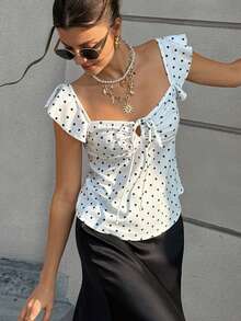 Cévolie Black Polka Dot V-Neck Bowknot Cap Sleeve Top Polka Dot Top - White - View 6