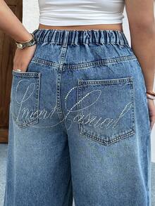 Dazy Plus Loose Straight Leg Long Jeans With Rhinestone Embellished Back Pockets, Suitable For All Seasons - Medium Wash - View 2
