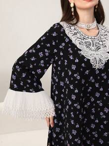 Yasmyna Women's Black Woven Floral Print Long Sleeve Ruffle Collar Elegant Arabic Dress, Spring/Summer - Black - View 6