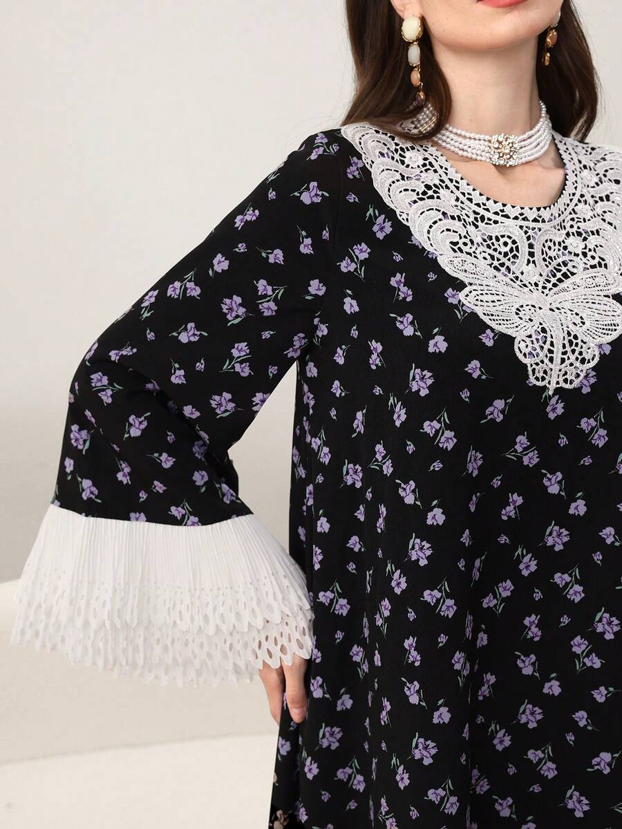 Yasmyna 女士黑色梭织花卉印花长袖荷叶领优雅阿拉伯连衣裙，春夏款 - 黑色 - 查看 1