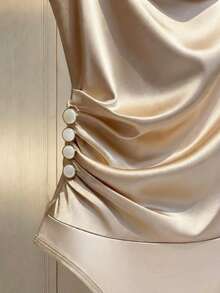 Franclia Apricot Satin Satin Turtleneck Slim-Fitting Bodysuit With Pearl Embellishments, Exuding Elegance And Sophistication. A Shimmering Top, Perfect For A Summer Vacation Look. White Top, Sleeveless Top.Fashionable Casual Commuter Wear, Business Office Wear, Versatile And Stylish Everyday Casual Wear, Urban Teacher's Professional Attire - Apricot - View 5