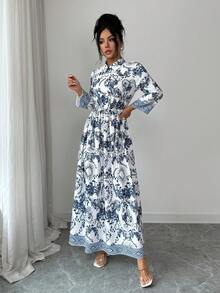 SHEIN Đầm midi nữ thanh lịch, in họa tiết, thắt eo, thích hợp cho việc đi làm hàng ngày. - Xanh và trắng - Xem 7