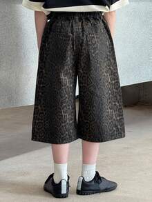 青少年男童豹纹口袋宽松休闲牛仔短裤 - 棕色 - 查看 8