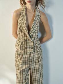 Maija Women's Spring/Summer Casual, Office, Commute Plaid Print Lapel Collar Backless Halter Vest And Suit Pants Set - Multicolor - View 6