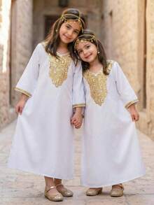 Young Girl's Loose Casual Maxi Dress With Gold Collar Flower, Bell Sleeves And Gold Trim - Multicolor - View 6
