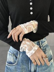 FRIFUL Women's Contrast Color Patchwork Sheer Lace Contrast Button Ribbed Fabric Slim Fit T-Shirt, Suitable For Spring - Black - View 8