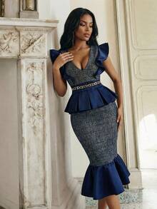 女士藏蓝色褶皱V领无袖鱼尾裙摆派对优雅精致正式礼服套装 - 寶藍色 - 查看 3