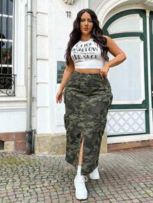 Slaydiva Minifalda de mezclilla de algodón holgada y casual con estampado de camuflaje para tallas grandes - Multicolor - Ver 5