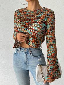 Chiquease All-Over Print Hollow Sheer Crew Neck Long Sleeve Cropped Sweater Top - Multicolor - View 3