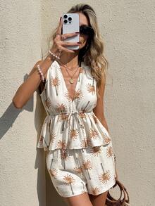SHEIN Frenchy Bộ đồ nữ mùa hè thoải mái đi biển in hình cây dừa, cổ chữ V sâu, eo thắt dây, áo peplum và quần short. - Nhiều màu - Xem 4