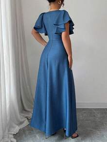 Elenzga 大码女式荷叶边袖V领A字连衣裙，优雅浪漫，牛仔布面料，春夏款 - 藍色 - 查看 2