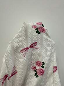 CottageSlumber Women's Sleeveless Jumpsuit With Rose Flower, Bow Pattern, U-Shaped Open Back, Decorative Pink Bow, Jacquard Knit Slim Fit Pajamas - White - View 8