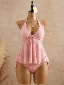 Bellisia Women's Relaxed Vacation Polka Dot Textured Fabric Camisole Bikini Top - Pink - View 5