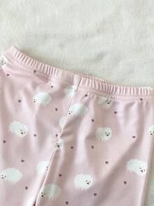2件組少女極簡優雅粉色可愛小羊刺繡短袖上衣與小羊印花短褲休閒舒適貼身居家服套裝 - 粉色 - 查看 8