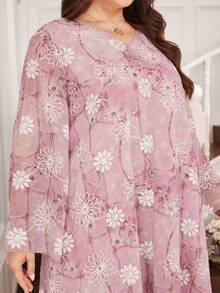 Al Najma Plus Size Women V-Neck Long Sleeve Loose Chiffon 3D Beaded Embroidery Romantic Elegant Arabic Maxi Dress, Spring/Summer - Multicolor - View 7