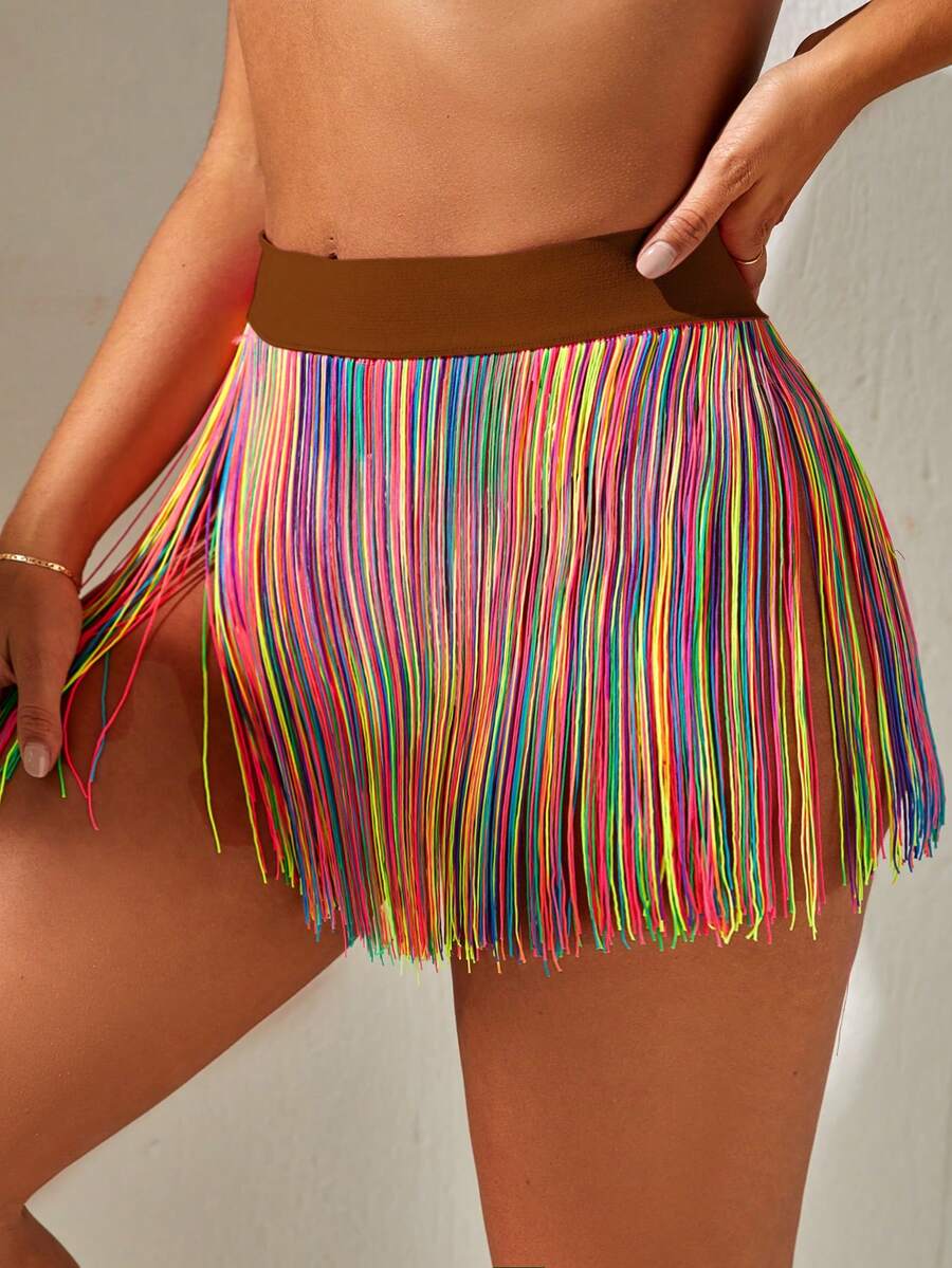 Swim Vcay Farbenfroher Quasten-Sarong Rock, geeignet für den Strand im Sommer - Braun - Übersicht 1