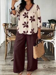 Weeklong 大码女式印花V领灯笼袖衬衫和阔腿裤休闲两件套 - 紅木色 - 查看 1