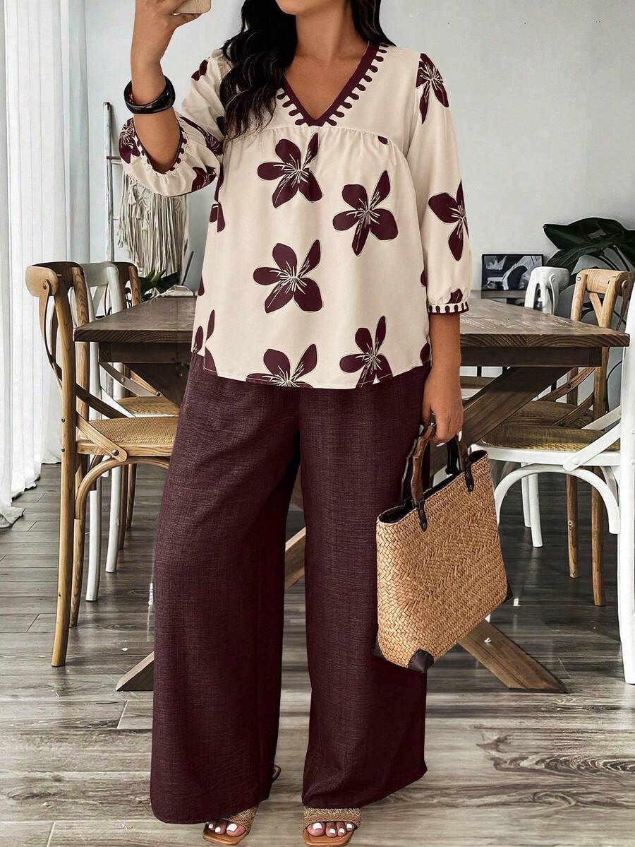 Weeklong 大码女式印花V领灯笼袖衬衫和阔腿裤休闲两件套 - 紅木色 - 查看 1