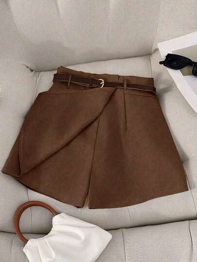 Franclia Petite Pantalones cortos elegantes con decoración de cinturón de unicolor, versátiles para el trabajo, el transporte, las fiestas, el casual, el verano