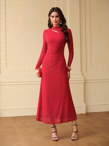 ZEYLAH 女士褶皱修身长连衣裙，秋冬款 - 酒紅色 - 查看 7