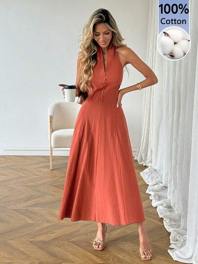 SHEIN LUNE 女士休闲纯色无袖长连衣裙，适合春夏度假、日常通勤和时尚穿着。