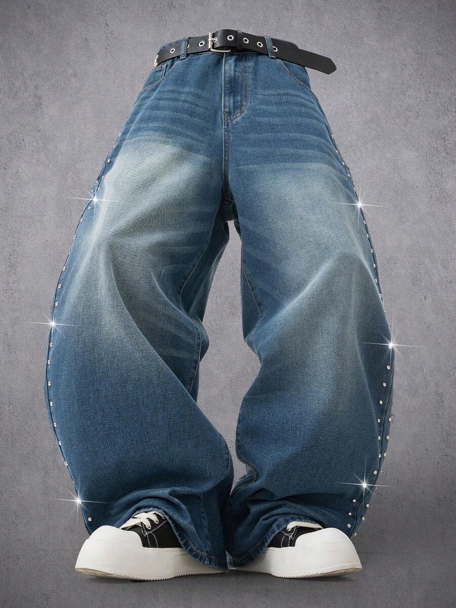 Manfinity Denimwave Men's Fashionable Wide Leg Jeans, Loose Fit With Pearl Embellishments - Medium Wash - View 1