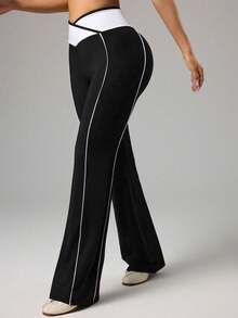 Dewbera 女士休闲日常运动撞色腰带裤 - 黑與白 - 查看 7
