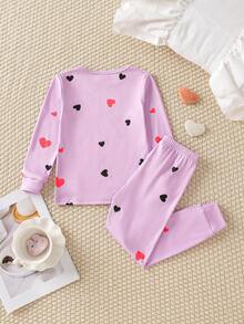 2pcs Girls Cute Cat & Heart Glow-In-The-Dark Print Snug Fit Pajama Set, Long Sleeve Top And Pants - Multicolor - View 2