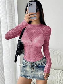EgrlEra Áo cánh ren co giãn họa tiết hoa mẫu đơn gợi cảm cho nữ (Cắt ngẫu nhiên) - Hồng - Xem 3