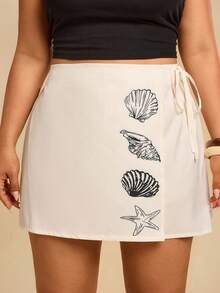 Travachic 大码女式裹身侧系带彩色植物剪影印花度假沙滩短裤，浪漫花卉宽松阔腿裤，情人节，夏季女装，沙滩，夏季女装，超短短裤，春季女装，夏季假期沙滩女装，贝壳和海星印花夏季短裙 - 杏色 - 查看 1