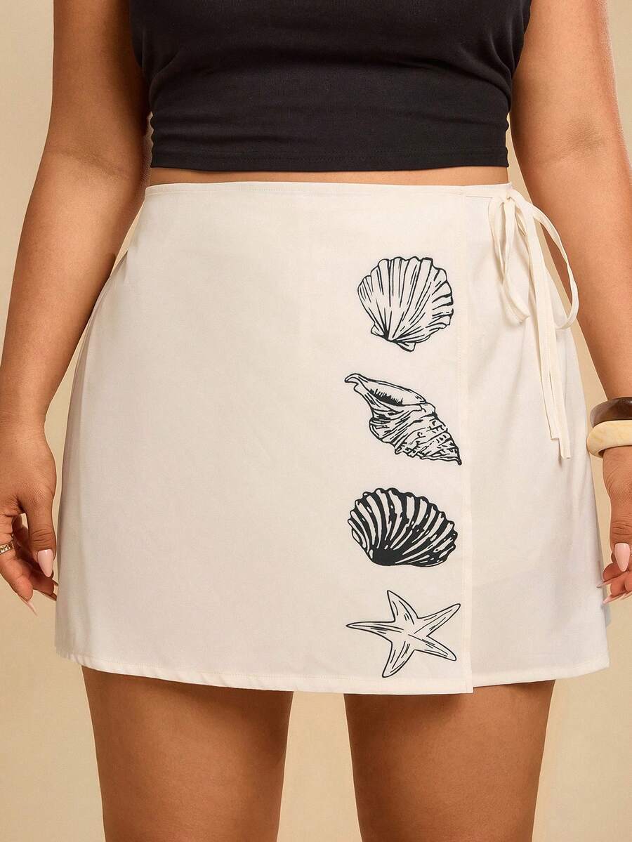 Travachic 大码女式裹身侧系带彩色植物剪影印花度假沙滩短裤，浪漫花卉宽松阔腿裤，情人节，夏季女装，沙滩，夏季女装，超短短裤，春季女装，夏季假期沙滩女装，贝壳和海星印花夏季短裙 - 杏色 - 查看 1