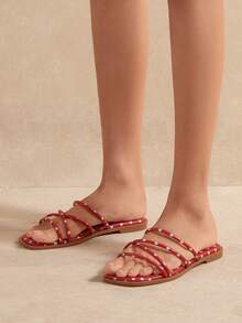Solezae #SummerEssential Women's Square Toe Polka Dot Red Multi-Strap Slide Sandals – Yayoi-Inspired Playful, & Comfortable - Red - View 8