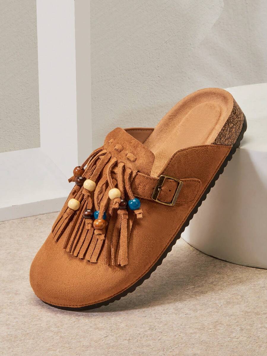 Solezae نعال خشبية مزينة بشراريب من القماش المخمل البيج مع زخارف من الخرز الملون - طراز رجعي، فني وأنيق بسهولة - لون كستنائي - مشاهدة 1
