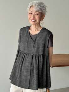 FRIFUL Women's Solid Color V-Neck Sleeveless Pleated Loose Casual Versatile Layering Tank Top, Suitable For Spring And Summer - Black - View 6