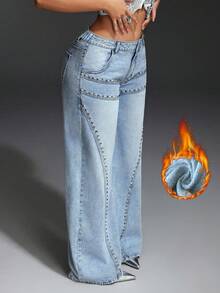 Slaydiva Quần jeans ống rộng dáng suông màu xanh nhạt cỡ lớn, phong cách thường ngày. - Rửa nhẹ - Xem 4