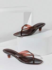 Solezae Women's Square Toe Casual Clear Kitten Heel Thong Sandals Summer Shoes - Coffee Brown - View 5