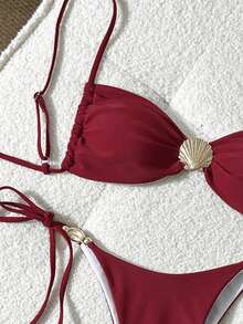 Swim Chiccia Bộ bikini mùa hè cho nữ, màu trơn, không gọng, họa tiết vỏ sò, áo bơi và quần bơi buộc dây bên hông. - Màu Đỏ Sâu - Xem 5