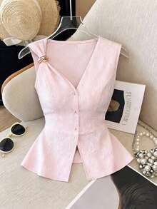 GlowEve Nueva llegada Blusa de diseño único con jacquard floral de primavera/verano, con cuello en V dulce, cintura ceñida, volantes en el bajo, botones de perla metálicos, elegante y versátil para mujeres jóvenes - Rosa - Ver 3