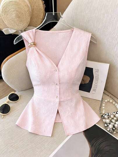 Elenzga Nueva llegada Blusa de diseño único con jacquard floral de primavera/verano, con cuello en V dulce, cintura ceñida, volantes en el bajo, botones de perla metálicos, elegante y versátil para mujeres jóvenes