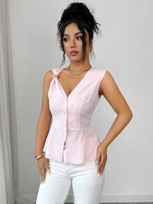 GlowEve Nueva llegada Blusa de diseño único con jacquard floral de primavera/verano, con cuello en V dulce, cintura ceñida, volantes en el bajo, botones de perla metálicos, elegante y versátil para mujeres jóvenes - Rosa - Ver 6