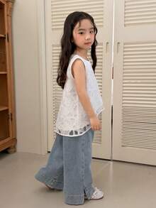 Dazy Kids 少女款松紧腰带口袋蝴蝶结刺绣图案休闲百搭阔腿牛仔裤 - 藍色 - 查看 2